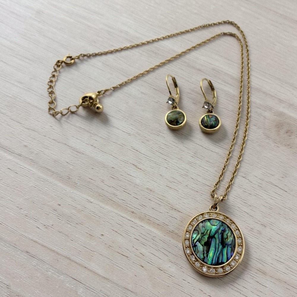 NR Nancy & Rise Abalone Shell Necklace and Earrings Set Gold Tone Vintage
